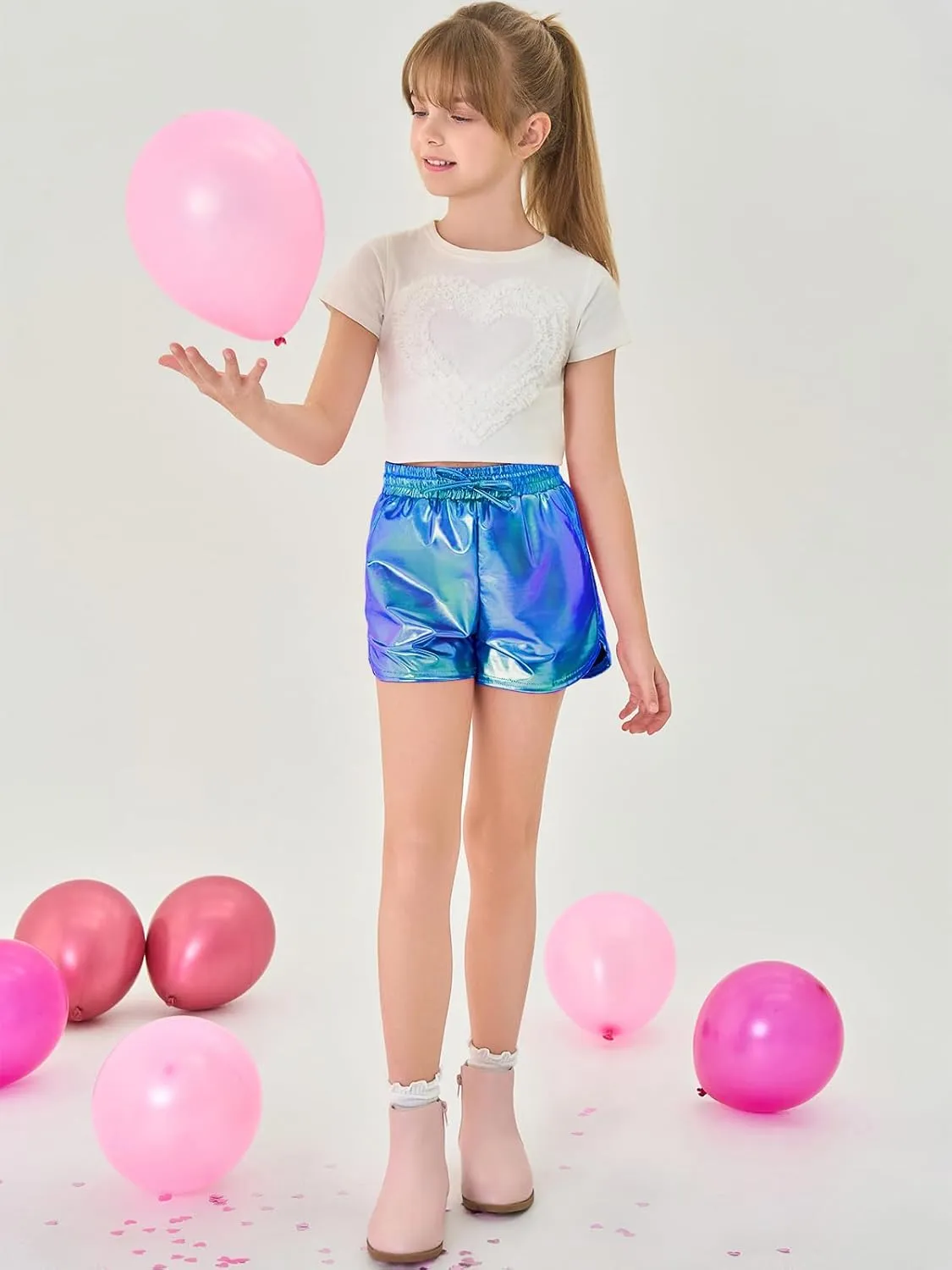Haloumoning Girls Metallic Shorts Sparkly Dance Outfits Elastic Drawstring Shiny Hot Short Pants 5-14 Years
