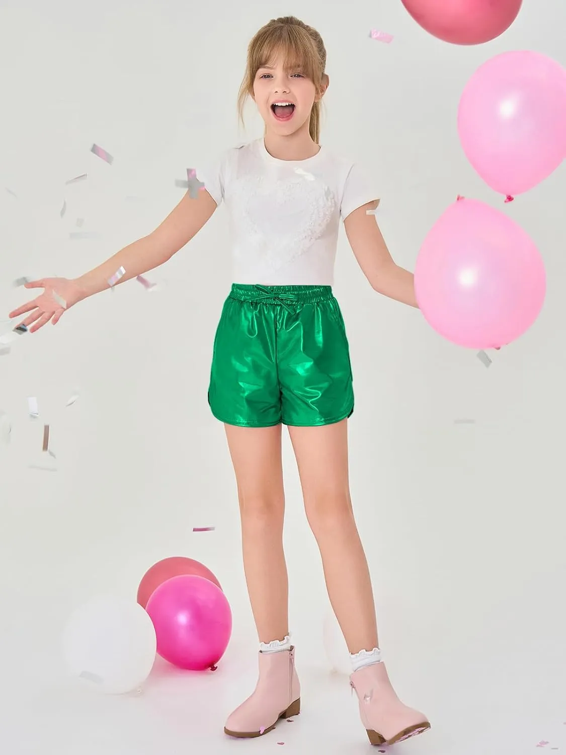Haloumoning Girls Metallic Shorts Sparkly Dance Outfits Elastic Drawstring Shiny Hot Short Pants 5-14 Years