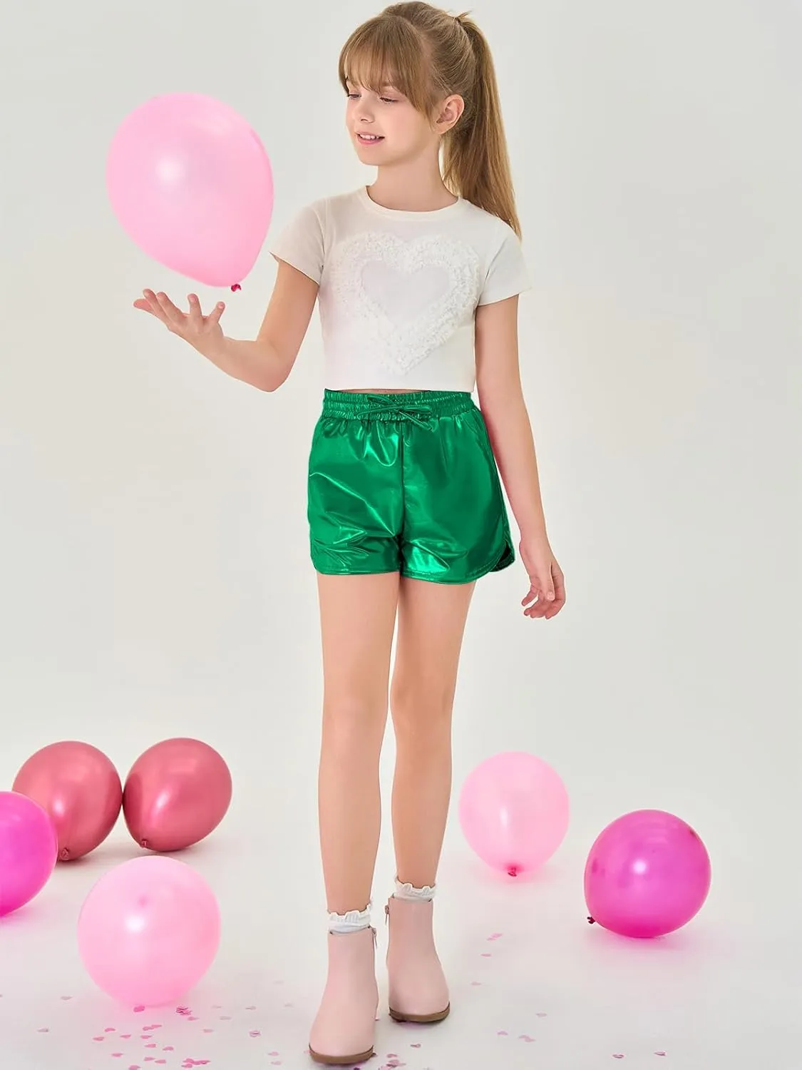 Haloumoning Girls Metallic Shorts Sparkly Dance Outfits Elastic Drawstring Shiny Hot Short Pants 5-14 Years