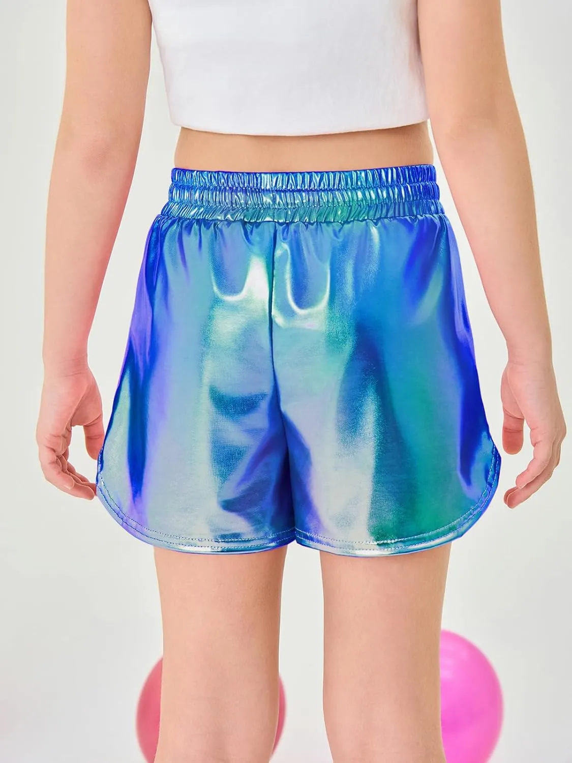 Haloumoning Girls Metallic Shorts Sparkly Dance Outfits Elastic Drawstring Shiny Hot Short Pants 5-14 Years