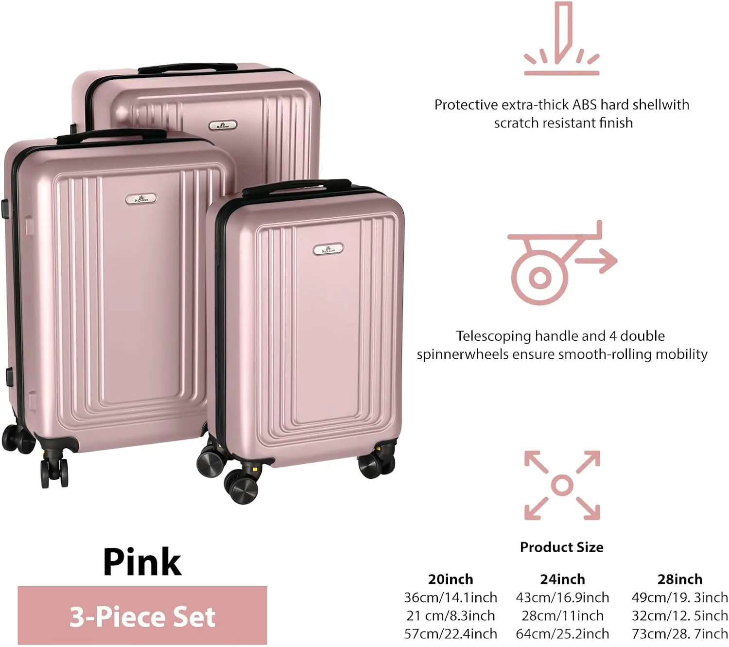 Hardside Spinner Luggage Set (20/24/28 Inch) - Lightweight Durable Suitcase with 360 Spinner Wheels, Lock, 3 colors, 3-Piece Travel Luggage Set (Pink)