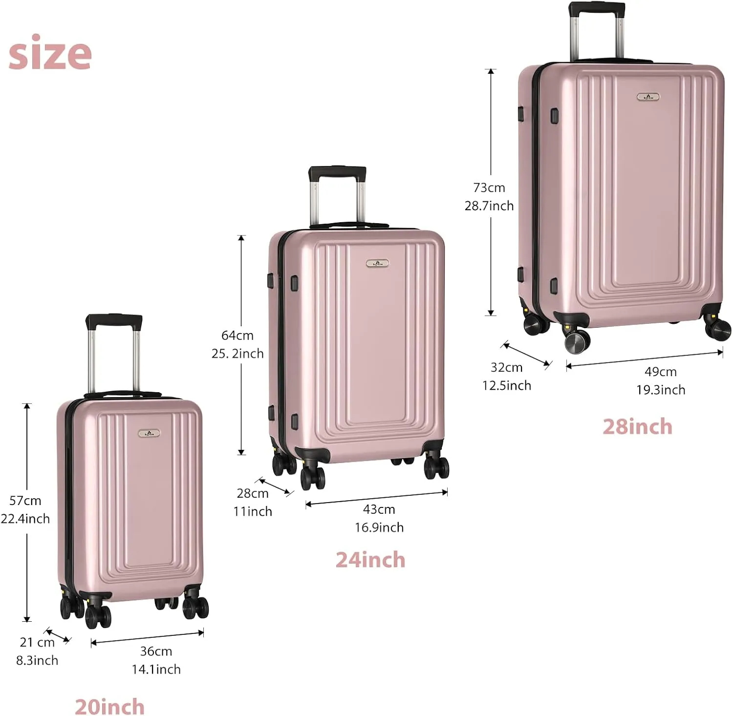 Hardside Spinner Luggage Set (20/24/28 Inch) - Lightweight Durable Suitcase with 360 Spinner Wheels, Lock, 3 colors, 3-Piece Travel Luggage Set (Pink)