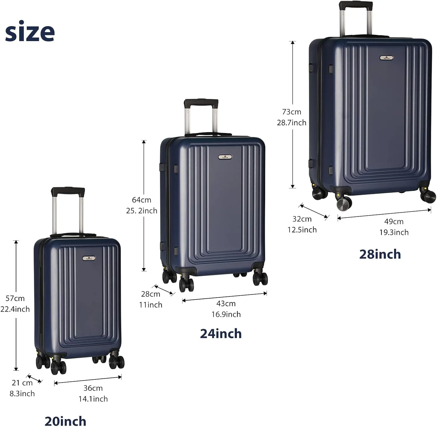 Hardside Spinner Luggage Set (20/24/28 Inch) - Lightweight Durable Suitcase with 360 Spinner Wheels, Lock, Navy Blue, 3-Piece Travel Luggage Set