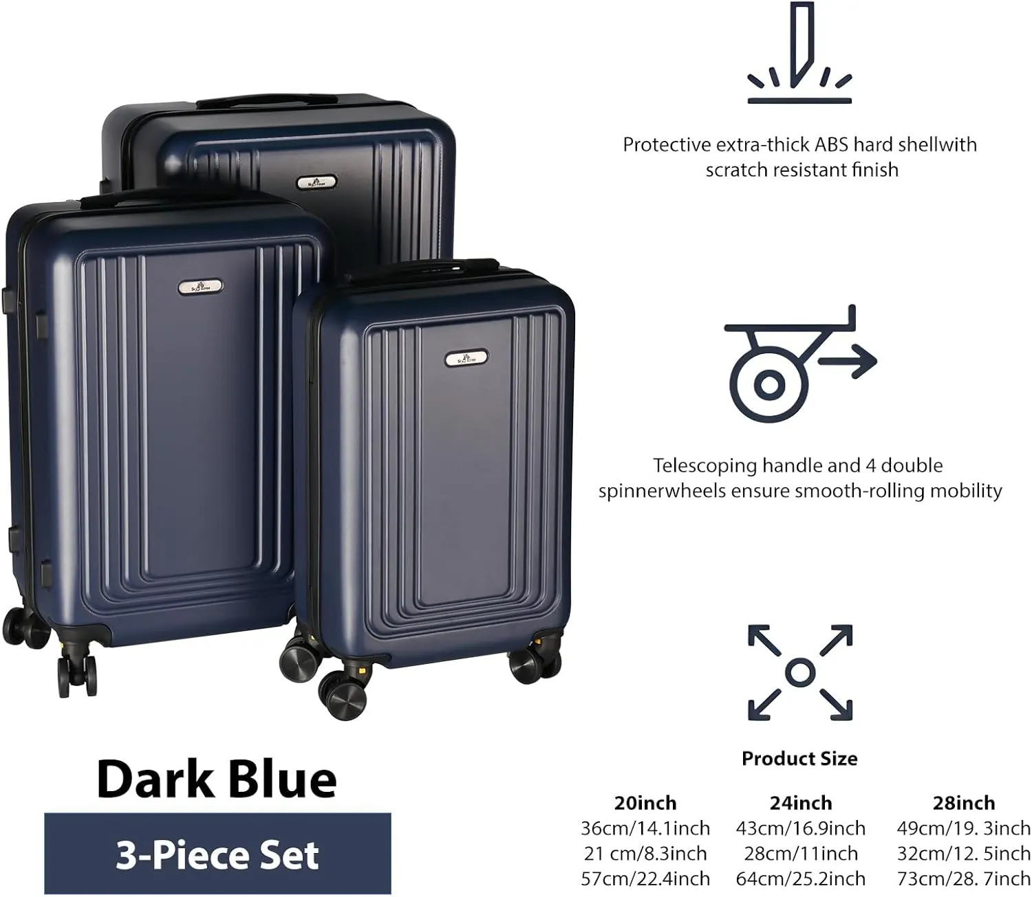 Hardside Spinner Luggage Set (20/24/28 Inch) - Lightweight Durable Suitcase with 360 Spinner Wheels, Lock, Navy Blue, 3-Piece Travel Luggage Set