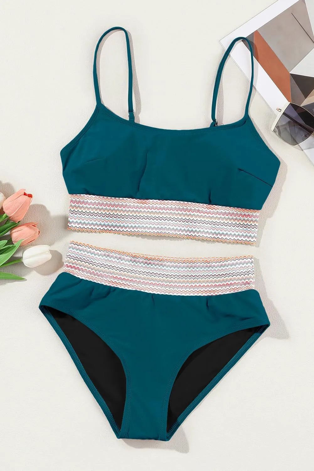 Herseas Women's Bikini Sets Colorblock Trim 2 Piece High Waisted Swimsuit Scoop Neck Adjustable Spaghetti Straps Bathing Suit
