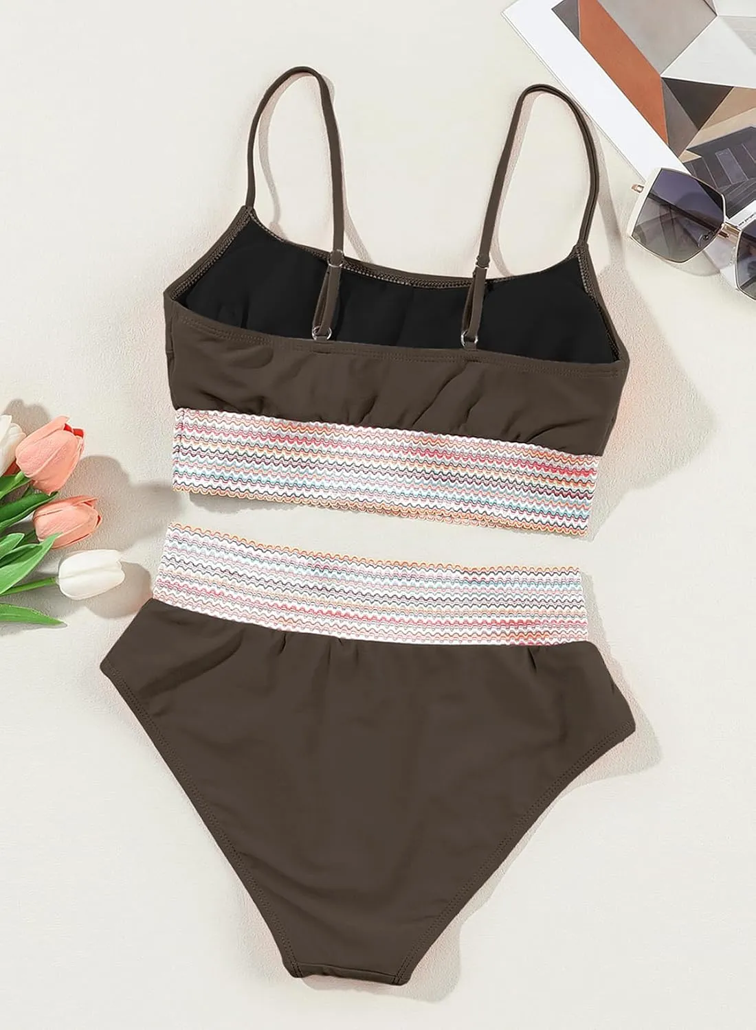 Herseas Women's Bikini Sets Colorblock Trim 2 Piece High Waisted Swimsuit Scoop Neck Adjustable Spaghetti Straps Bathing Suit