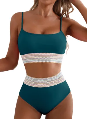 Herseas Women's Bikini Sets Colorblock Trim 2 Piece High Waisted Swimsuit Scoop Neck Adjustable Spaghetti Straps Bathing Suit