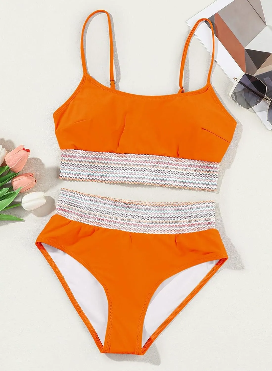 Herseas Women's Bikini Sets Colorblock Trim 2 Piece High Waisted Swimsuit Scoop Neck Adjustable Spaghetti Straps Bathing Suit