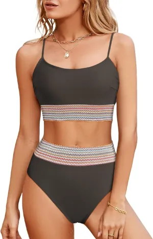 Herseas Women's Bikini Sets Colorblock Trim 2 Piece High Waisted Swimsuit Scoop Neck Adjustable Spaghetti Straps Bathing Suit