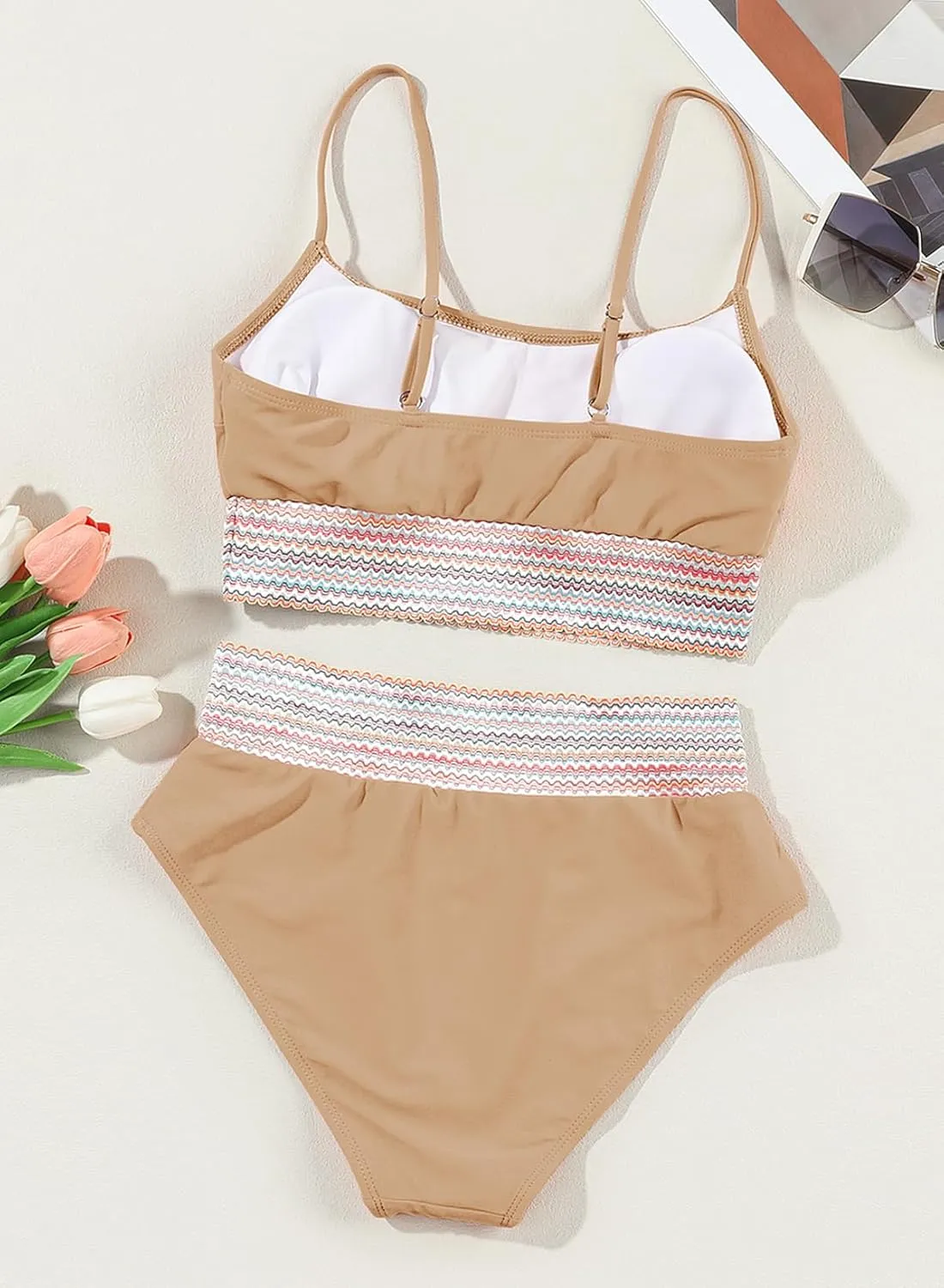 Herseas Women's Bikini Sets Colorblock Trim 2 Piece High Waisted Swimsuit Scoop Neck Adjustable Spaghetti Straps Bathing Suit