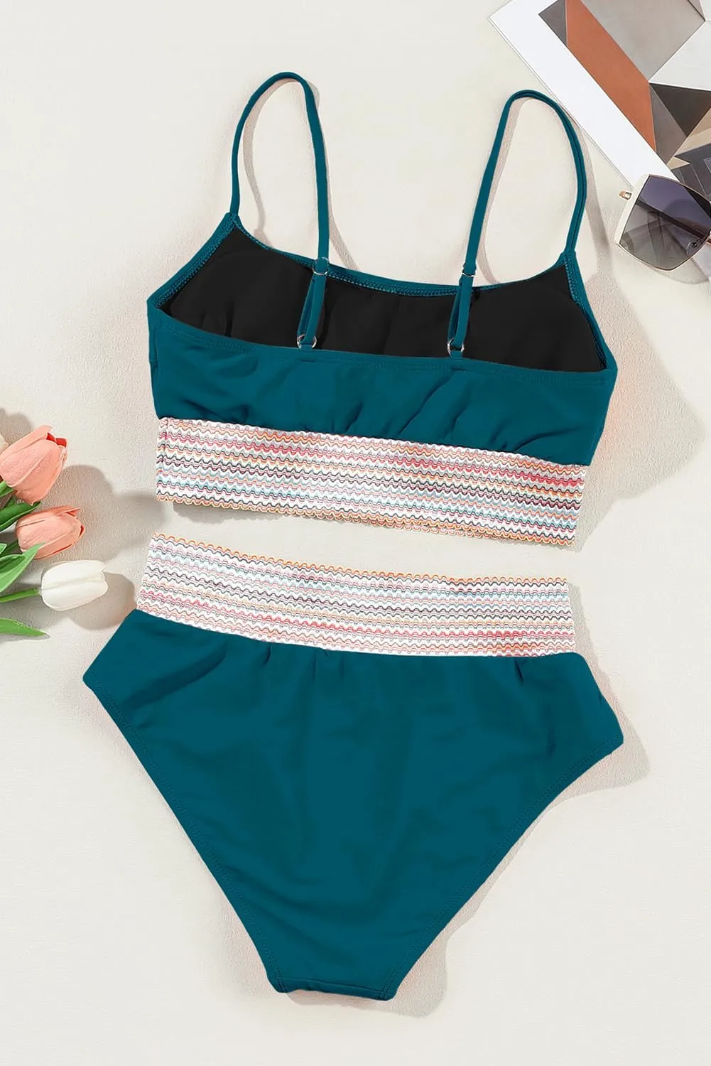 Herseas Women's Bikini Sets Colorblock Trim 2 Piece High Waisted Swimsuit Scoop Neck Adjustable Spaghetti Straps Bathing Suit