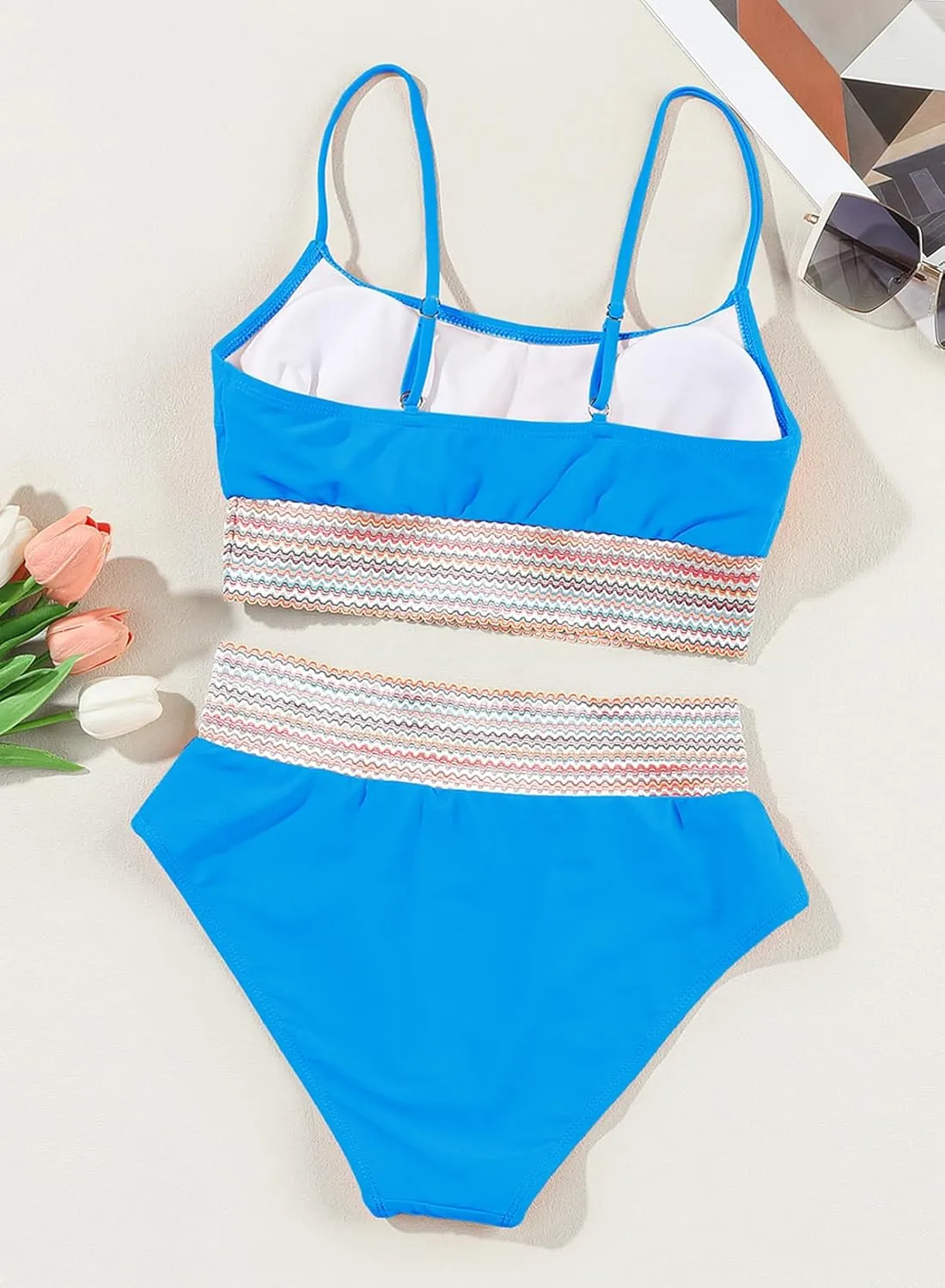 Herseas Women's Bikini Sets Colorblock Trim 2 Piece High Waisted Swimsuit Scoop Neck Adjustable Spaghetti Straps Bathing Suit