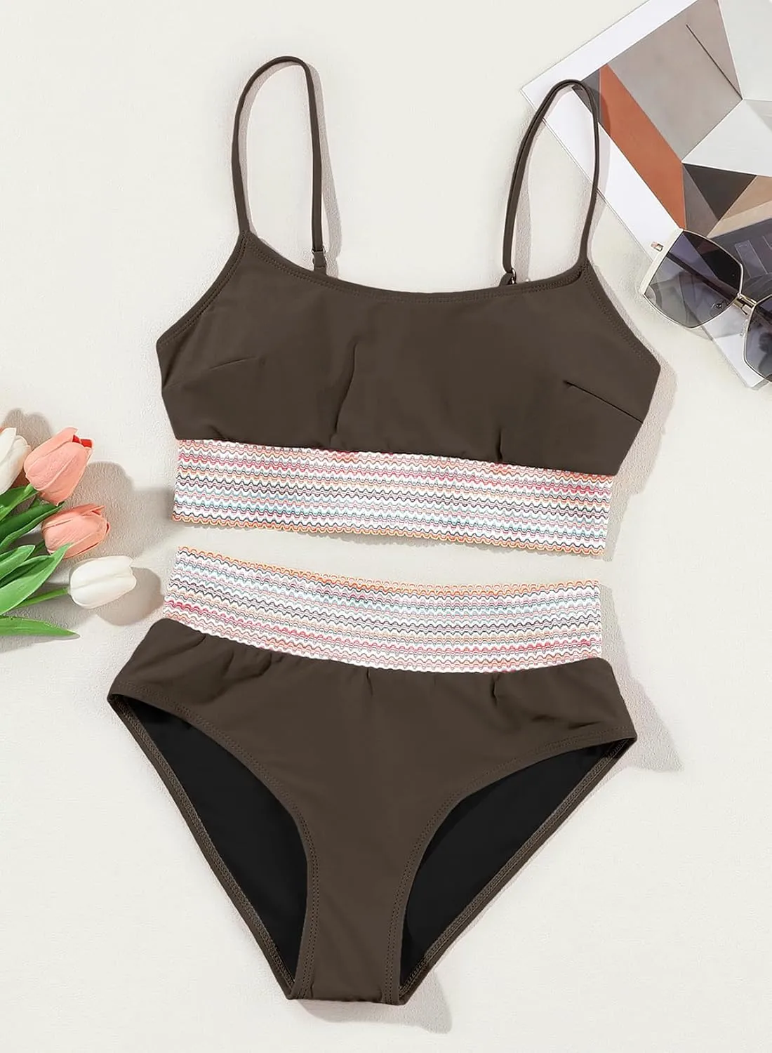 Herseas Women's Bikini Sets Colorblock Trim 2 Piece High Waisted Swimsuit Scoop Neck Adjustable Spaghetti Straps Bathing Suit