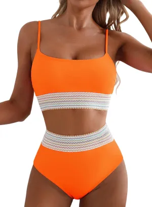 Herseas Women's Bikini Sets Colorblock Trim 2 Piece High Waisted Swimsuit Scoop Neck Adjustable Spaghetti Straps Bathing Suit