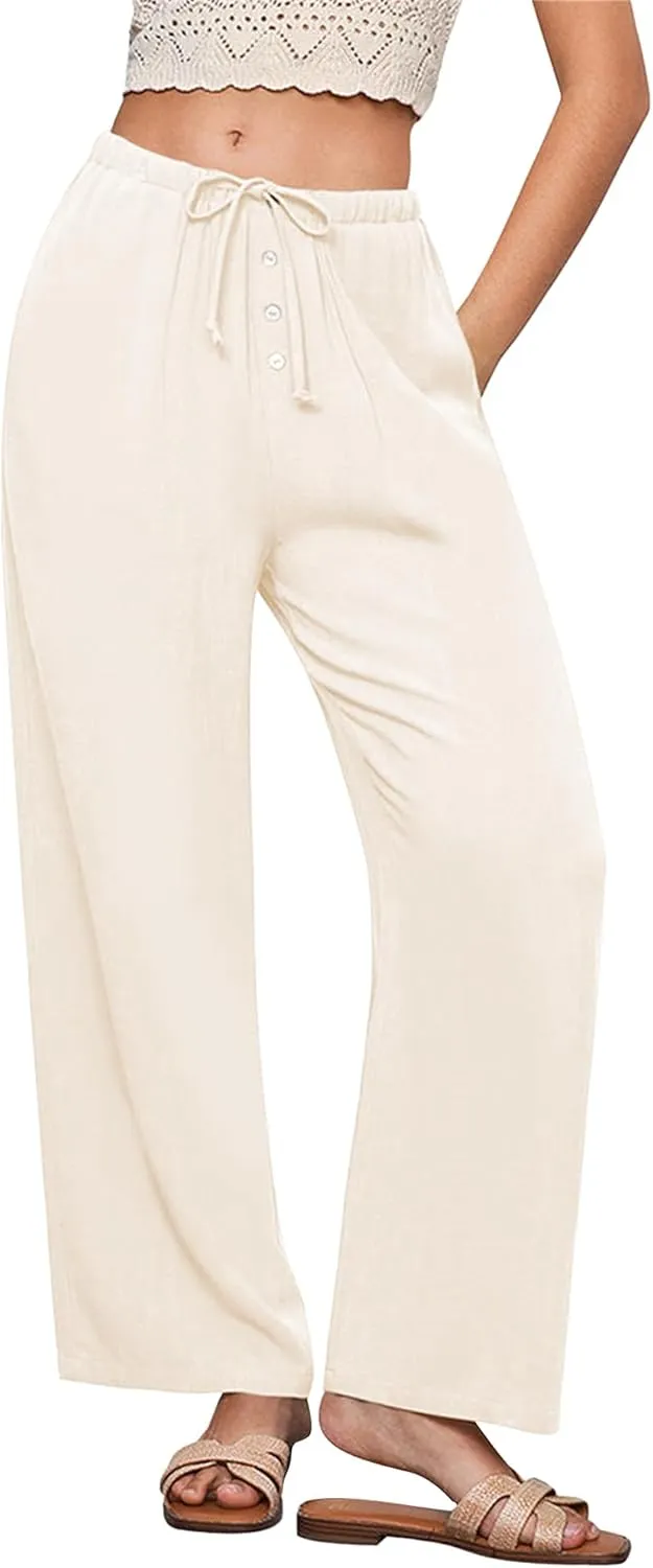 Hixiaohe Womens Linen Pants Summer Flowy Palazzo Trousers Casual Loose Wide Leg Pants High Waist Drawstring Beach Outfits