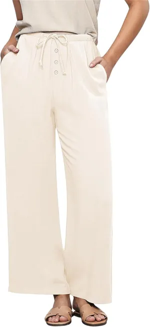 Hixiaohe Womens Linen Pants Summer Flowy Palazzo Trousers Casual Loose Wide Leg Pants High Waist Drawstring Beach Outfits