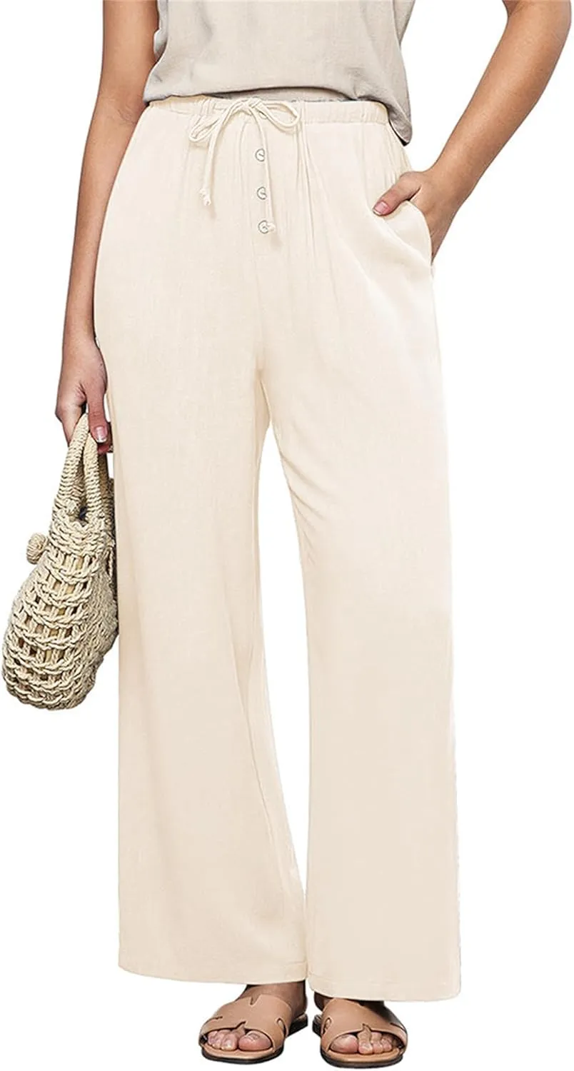Hixiaohe Womens Linen Pants Summer Flowy Palazzo Trousers Casual Loose Wide Leg Pants High Waist Drawstring Beach Outfits