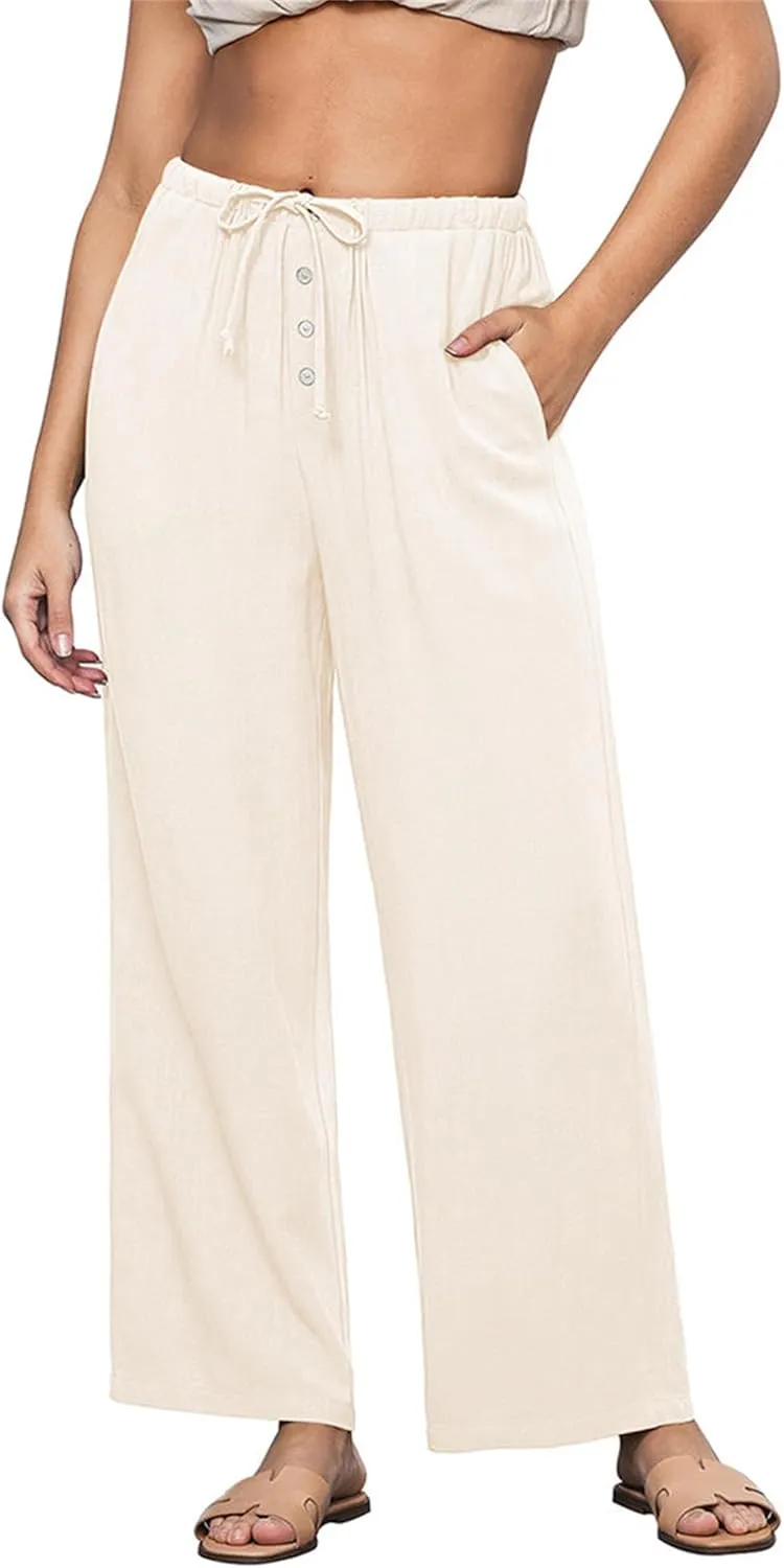 Hixiaohe Womens Linen Pants Summer Flowy Palazzo Trousers Casual Loose Wide Leg Pants High Waist Drawstring Beach Outfits