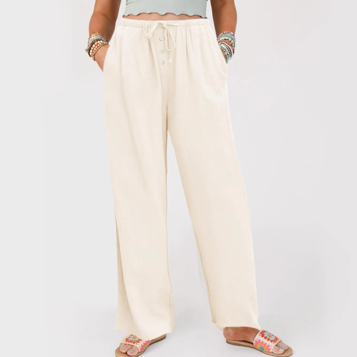 Hixiaohe Womens Linen Pants Summer Flowy Palazzo Trousers Casual Loose Wide Leg Pants High Waist Drawstring Beach Outfits