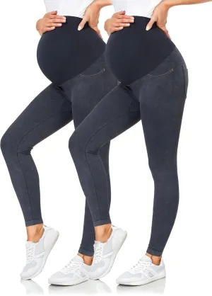 HOFISH Maternity Denim Leggings Over The Belly Seamless Faux Jeans Comfy Pregnancy Stretch Active Pants with Pockets