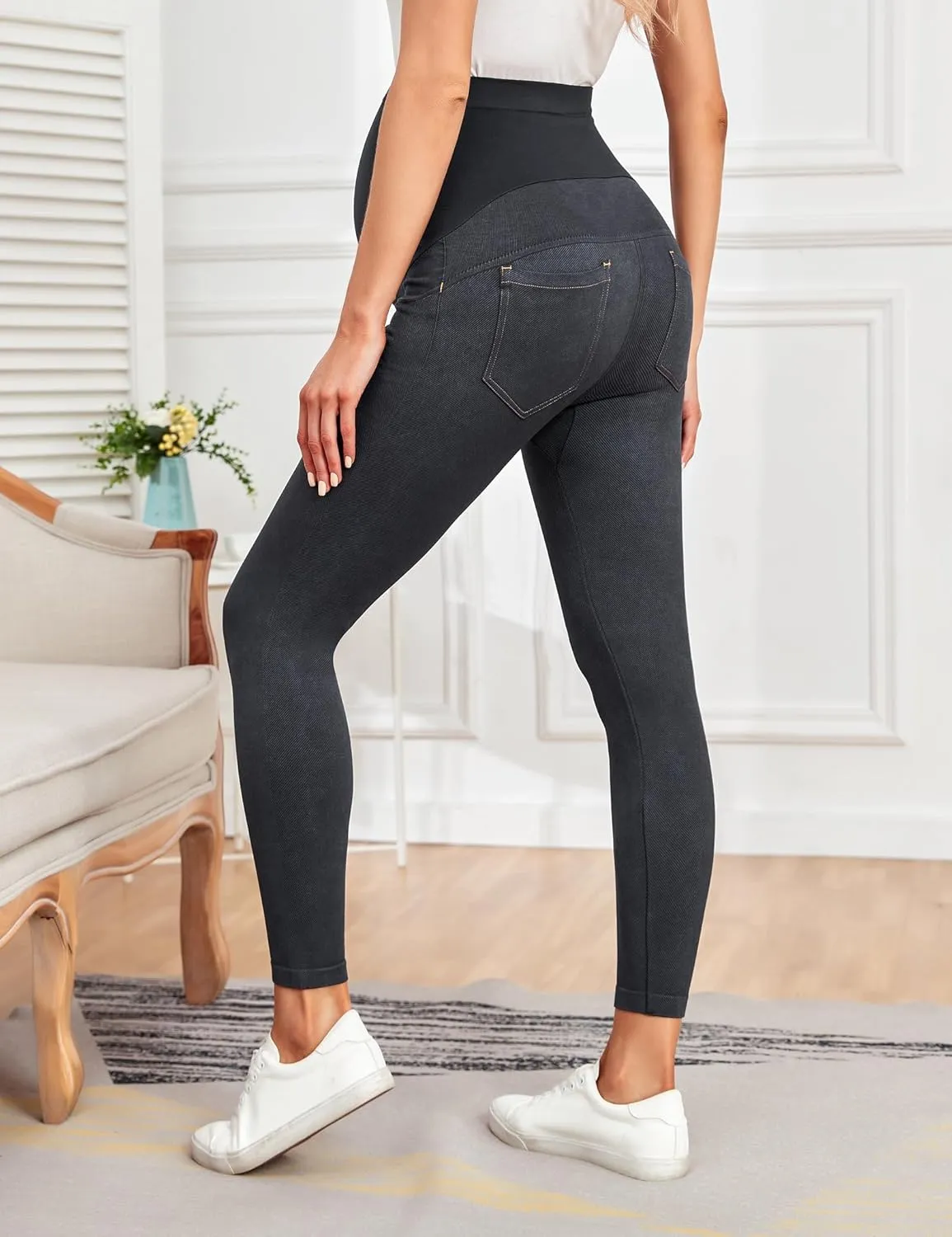 HOFISH Maternity Denim Leggings Over The Belly Seamless Faux Jeans Comfy Pregnancy Stretch Active Pants with Pockets