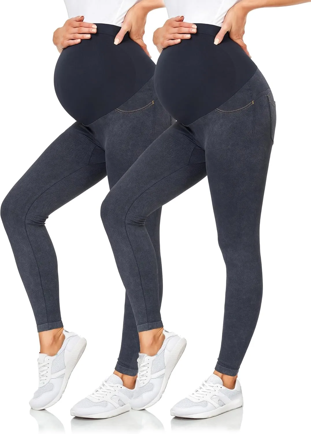 HOFISH Maternity Denim Leggings Over The Belly Seamless Faux Jeans Comfy Pregnancy Stretch Active Pants with Pockets
