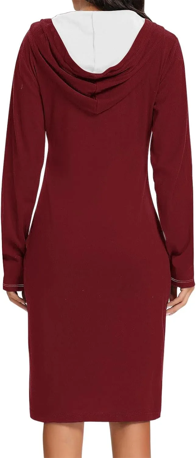 Hooded Sweatshirt Dress for Women Fall Winter Casual Long Sleeve V Neck Solid Loose Fit Pullover Elegant Midi Dresses