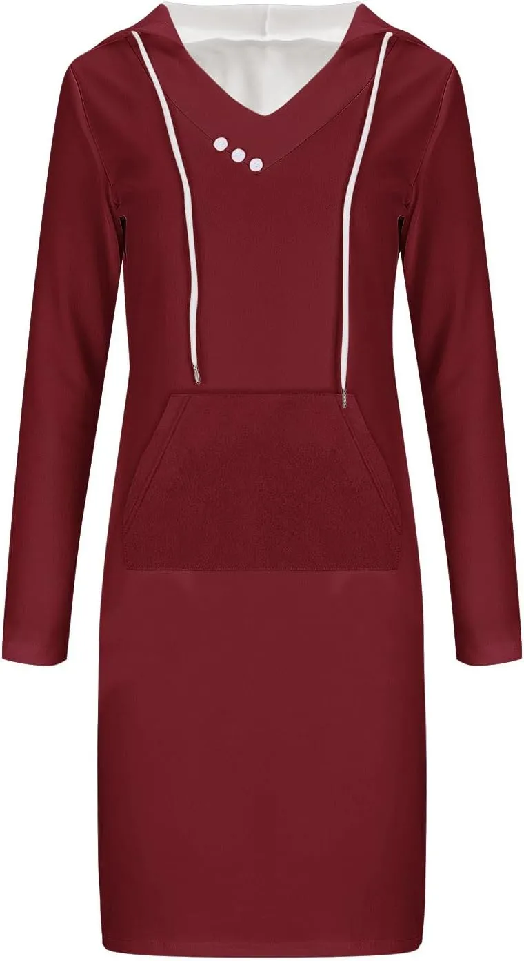 Hooded Sweatshirt Dress for Women Fall Winter Casual Long Sleeve V Neck Solid Loose Fit Pullover Elegant Midi Dresses