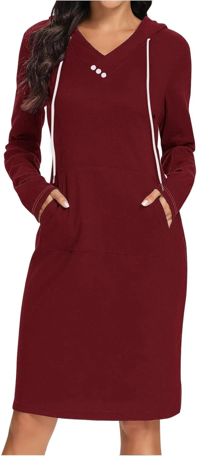 Hooded Sweatshirt Dress for Women Fall Winter Casual Long Sleeve V Neck Solid Loose Fit Pullover Elegant Midi Dresses