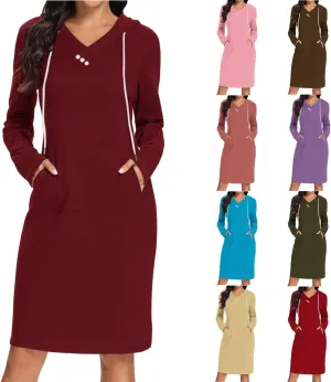 Hooded Sweatshirt Dress for Women Fall Winter Casual Long Sleeve V Neck Solid Loose Fit Pullover Elegant Midi Dresses