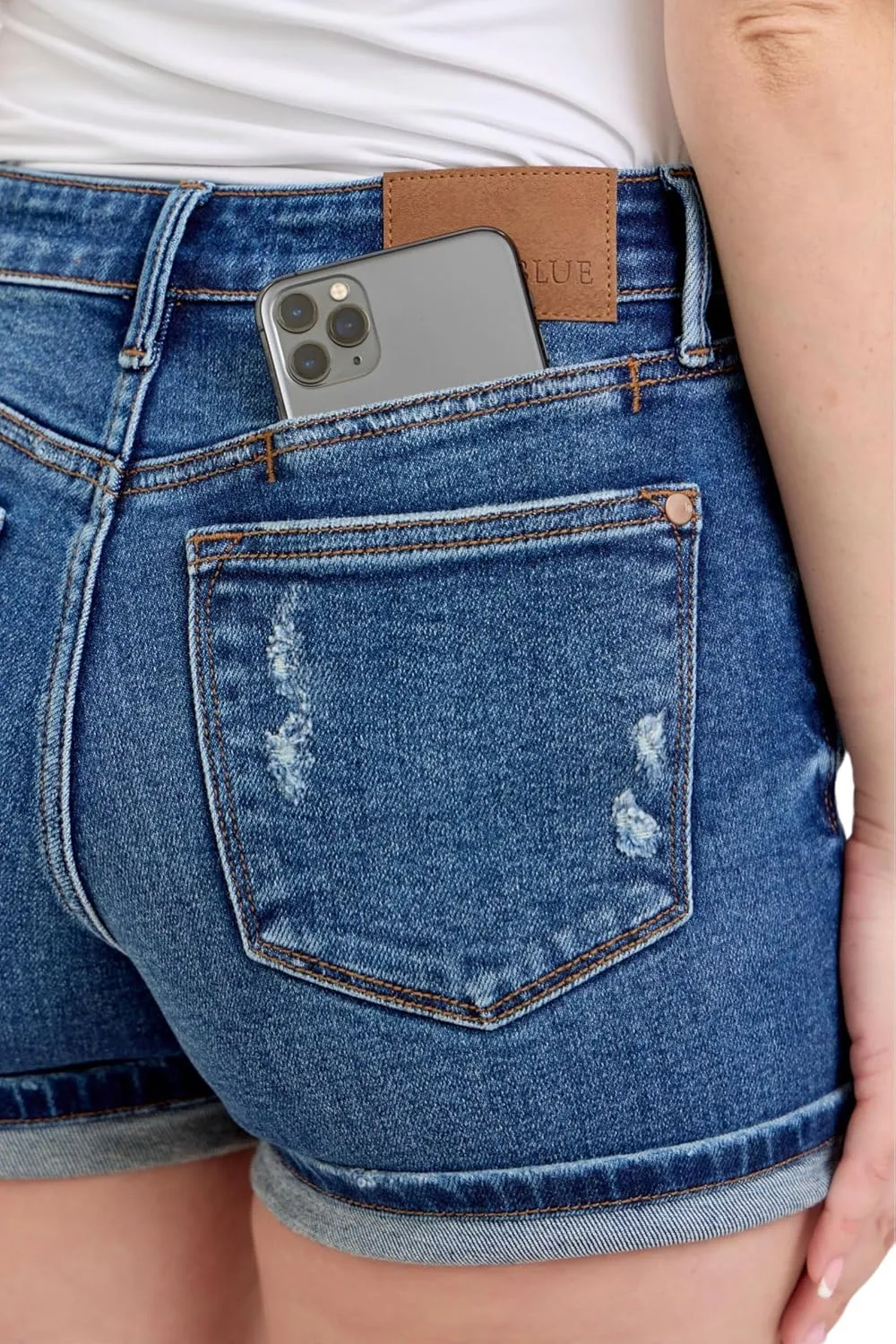 Judy Blue Mid Rise Cell Phone Pocket Destroy and Cuff Dad Shorts