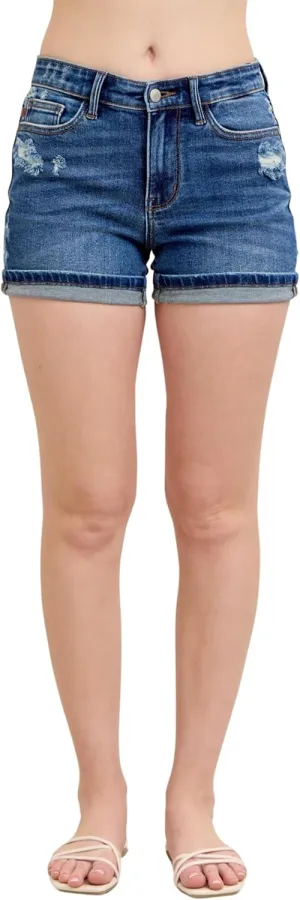 Judy Blue Mid Rise Cell Phone Pocket Destroy and Cuff Dad Shorts