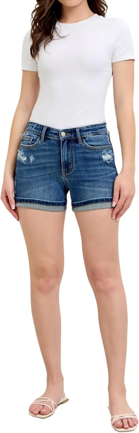 Judy Blue Mid Rise Cell Phone Pocket Destroy and Cuff Dad Shorts