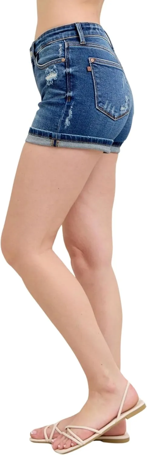 Judy Blue Mid Rise Cell Phone Pocket Destroy and Cuff Dad Shorts