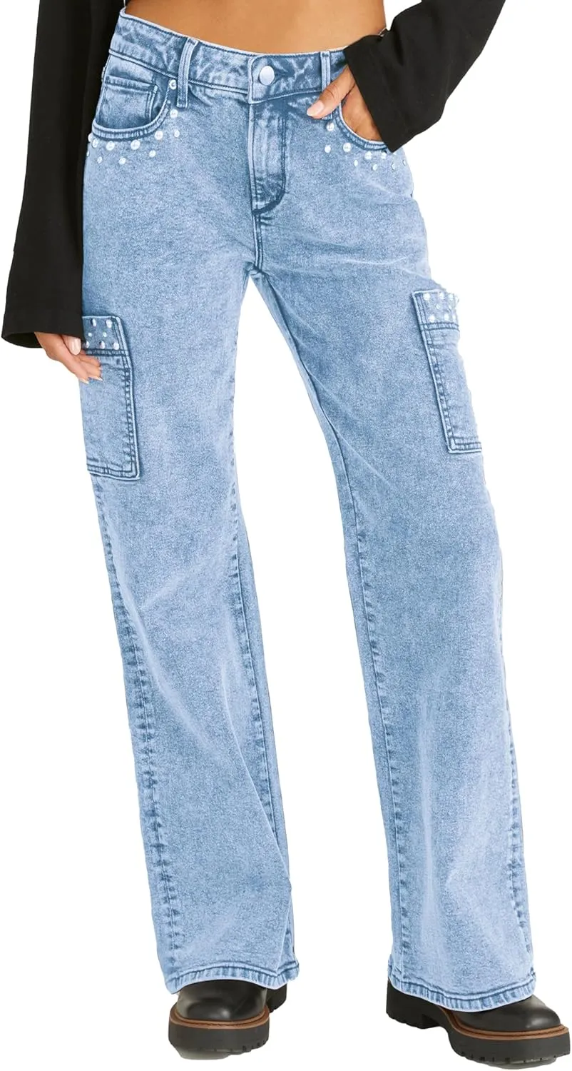 Kedera Womens Pearl Jeans High Waist Sright Leg Y2K Denim Pants Vintage Wash Trousers Streetwear Blue