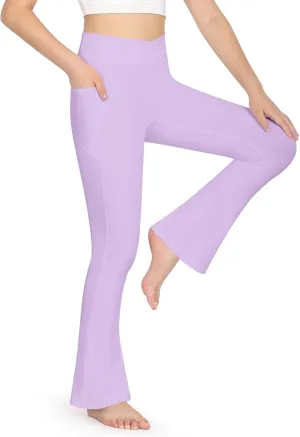 KEREDA Girls Flare Leggings High Waist V Cross Bootcut Yoga Pants Bell Bottoms for Girls with Pockets
