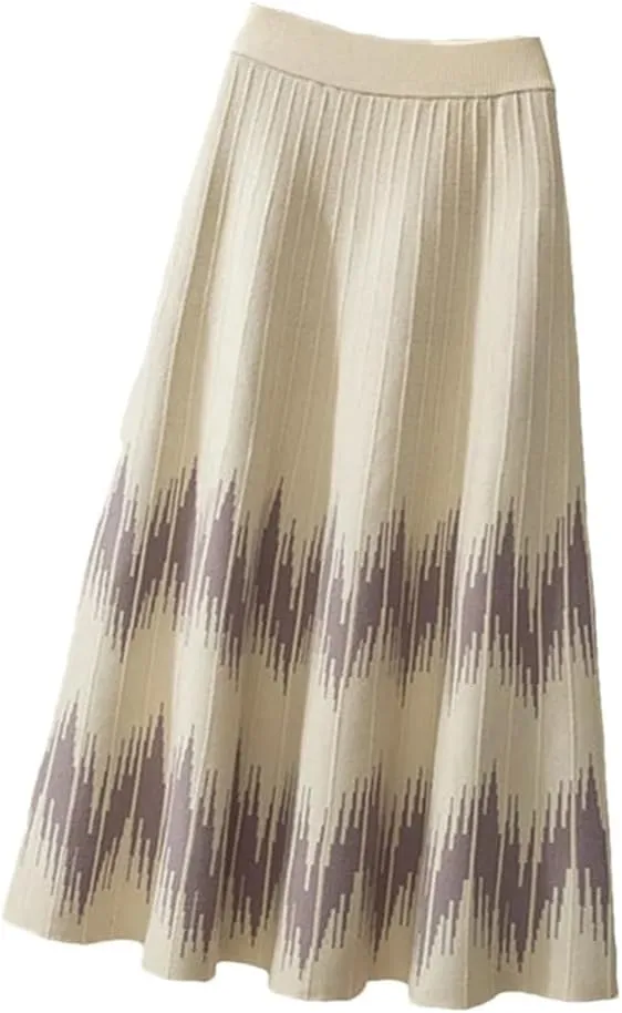 Knitted Midi Skirts Women Harajuku Print High Waist A Line Skirt Korean Elegant Geometric Pattern Pleated Skirt