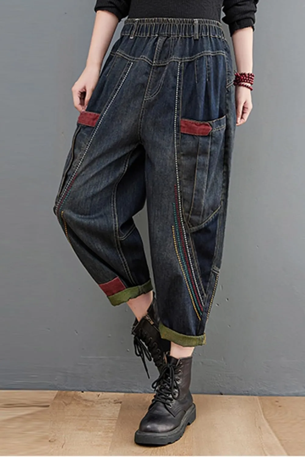 LAI MENG FIVE CATS Women Casual Loose Jeans Denim Harem Pants Elastic Waist with Pocket