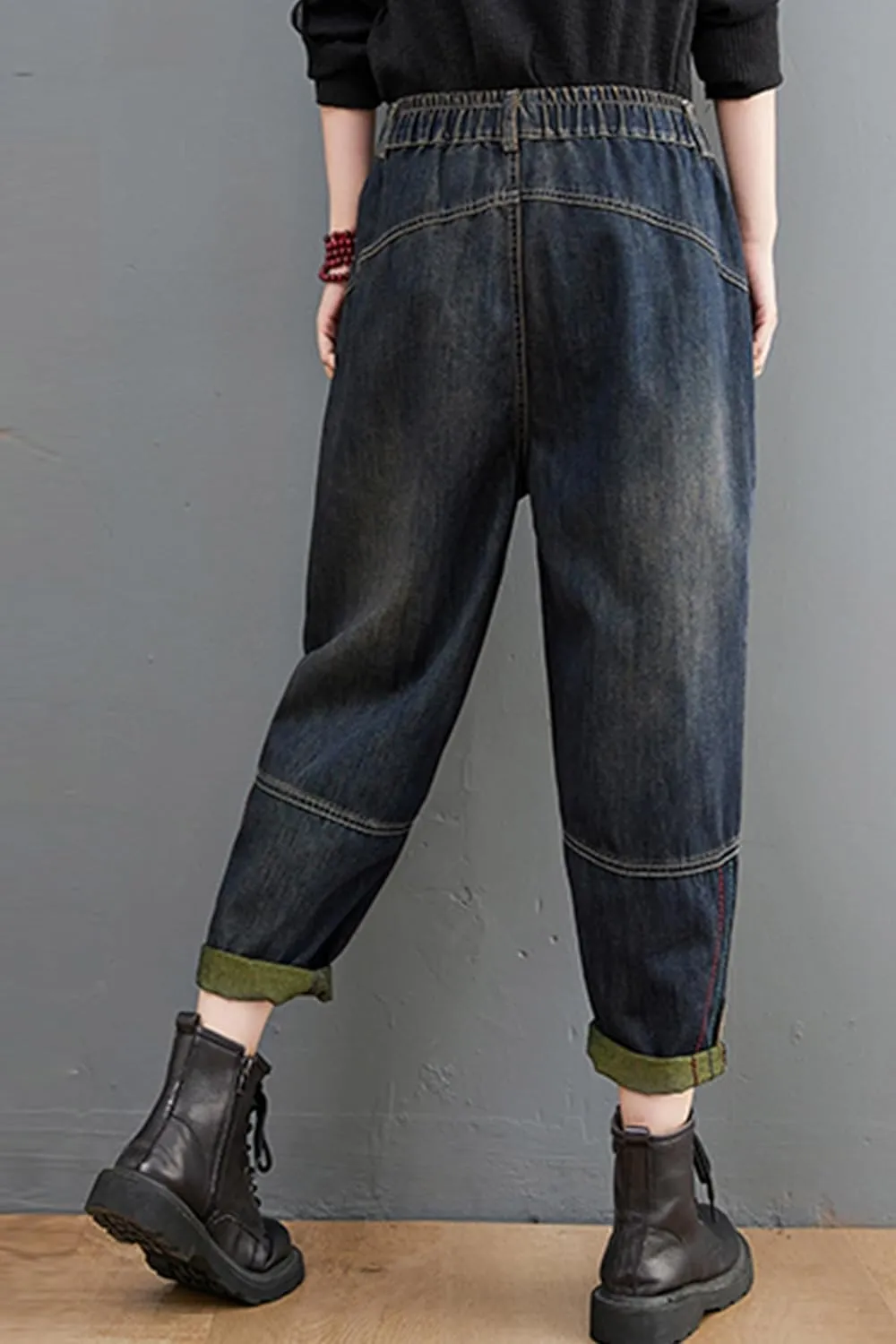 LAI MENG FIVE CATS Women Casual Loose Jeans Denim Harem Pants Elastic Waist with Pocket