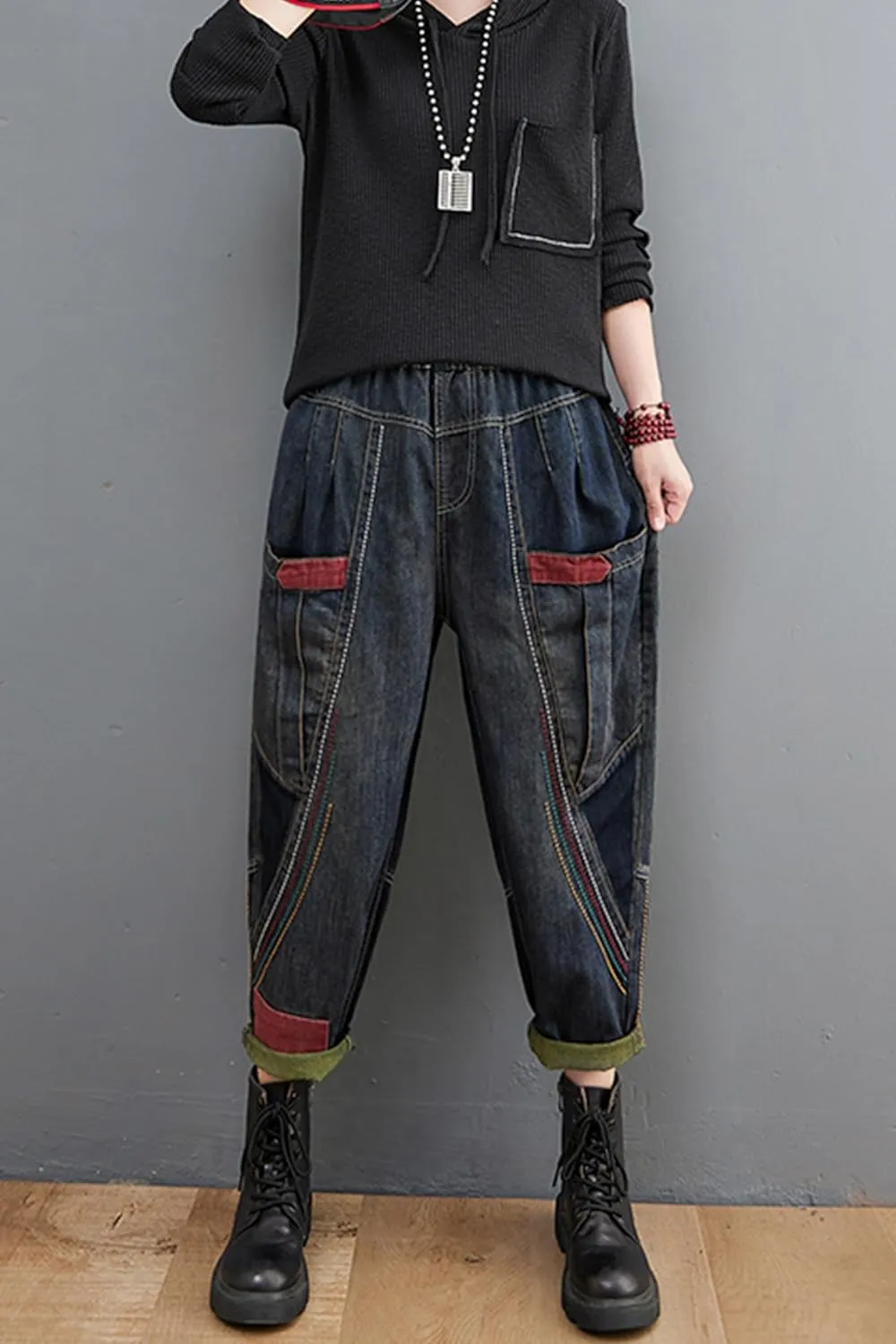 LAI MENG FIVE CATS Women Casual Loose Jeans Denim Harem Pants Elastic Waist with Pocket