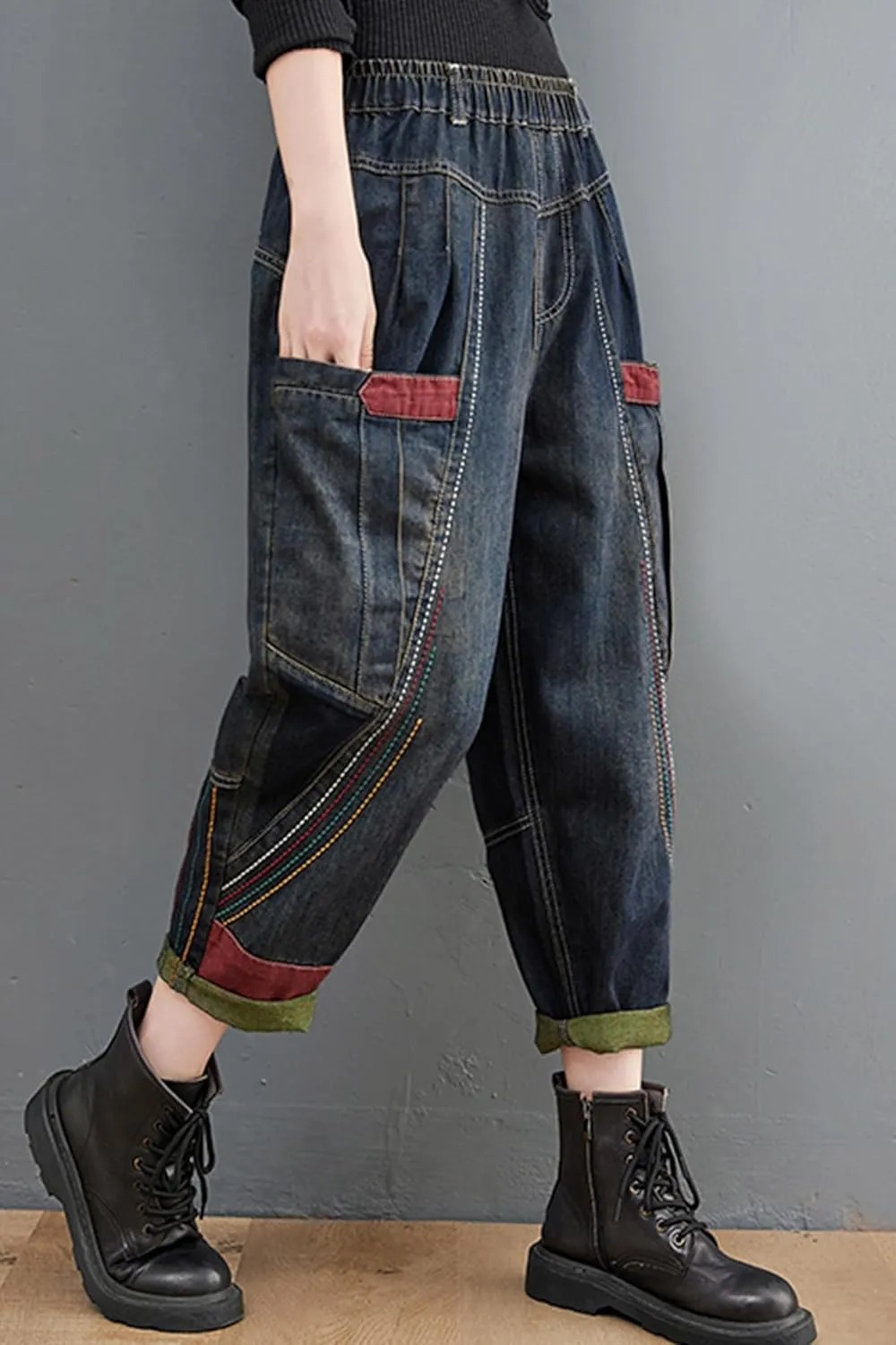 LAI MENG FIVE CATS Women Casual Loose Jeans Denim Harem Pants Elastic Waist with Pocket