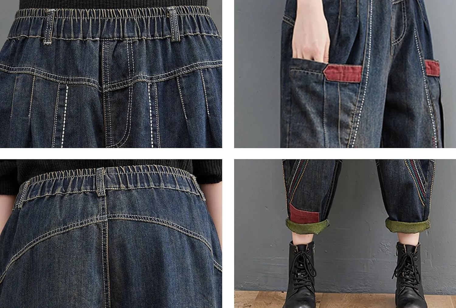 LAI MENG FIVE CATS Women Casual Loose Jeans Denim Harem Pants Elastic Waist with Pocket