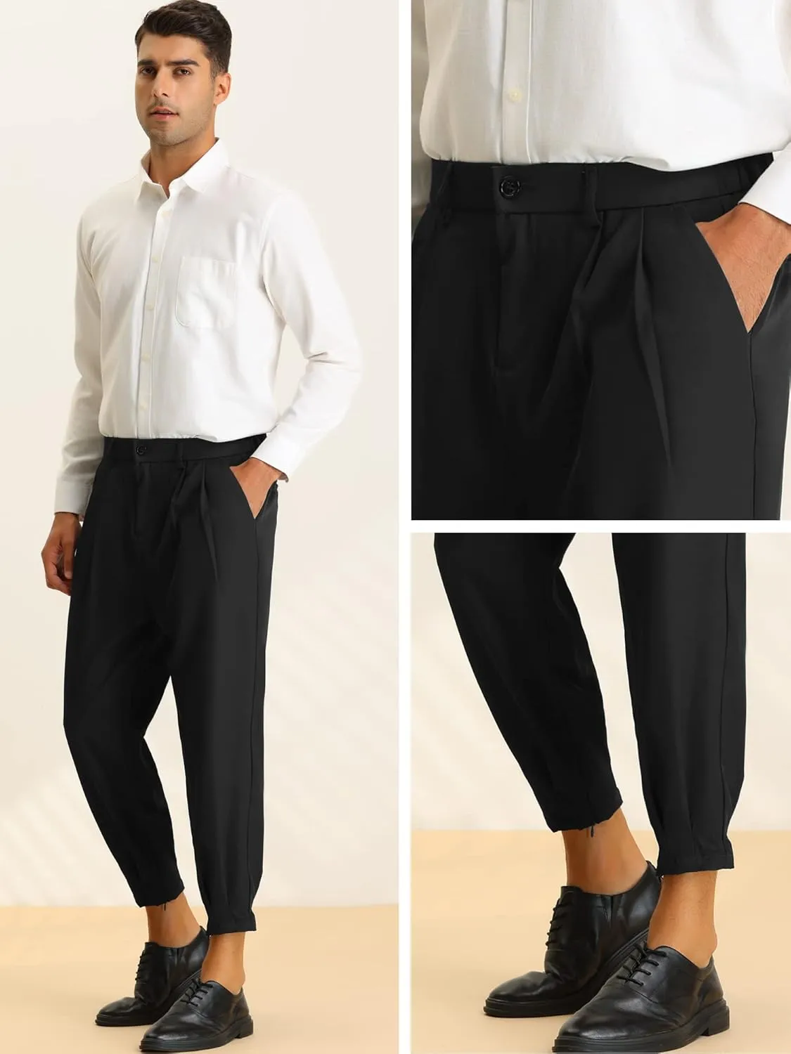 Lars Amadeus Cropped Pants for Men's Pleated Front Tapered Chino Pants Formal Dress Trousers