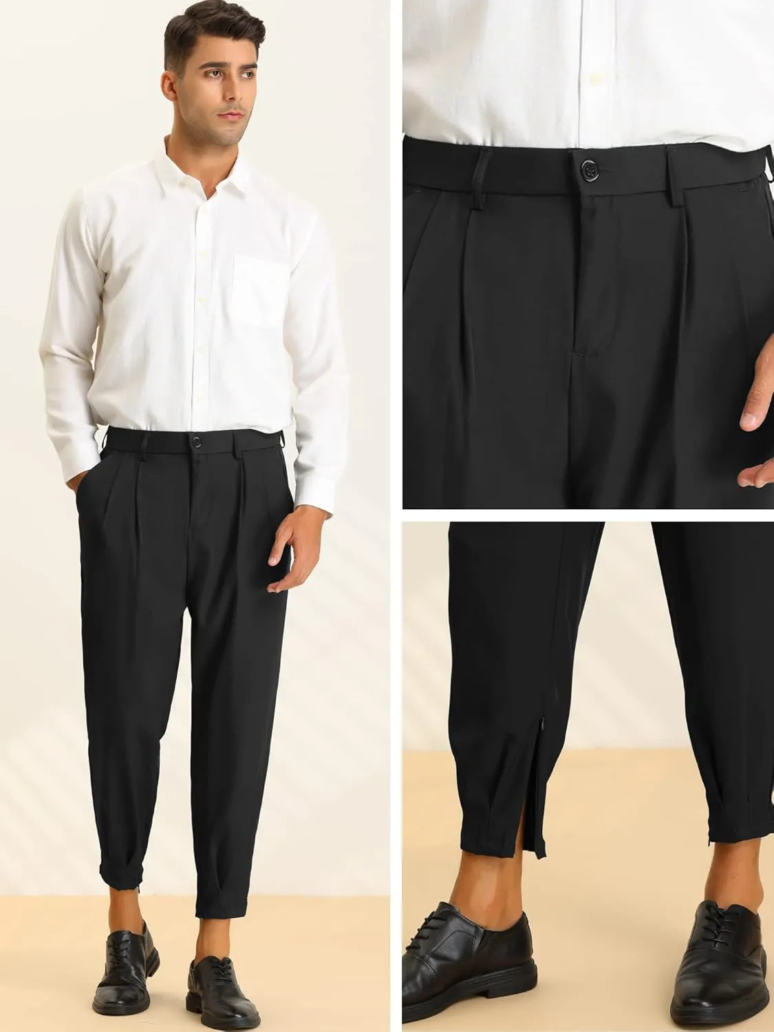 Lars Amadeus Cropped Pants for Men's Pleated Front Tapered Chino Pants Formal Dress Trousers