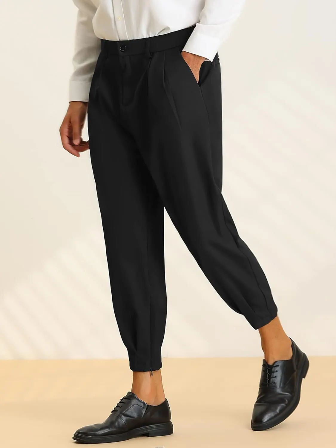 Lars Amadeus Cropped Pants for Men's Pleated Front Tapered Chino Pants Formal Dress Trousers