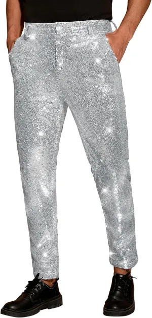 Lars Amadeus Shiny Pants for Men's Glitter 70s Disco Night Club Tapered Sequin Pants