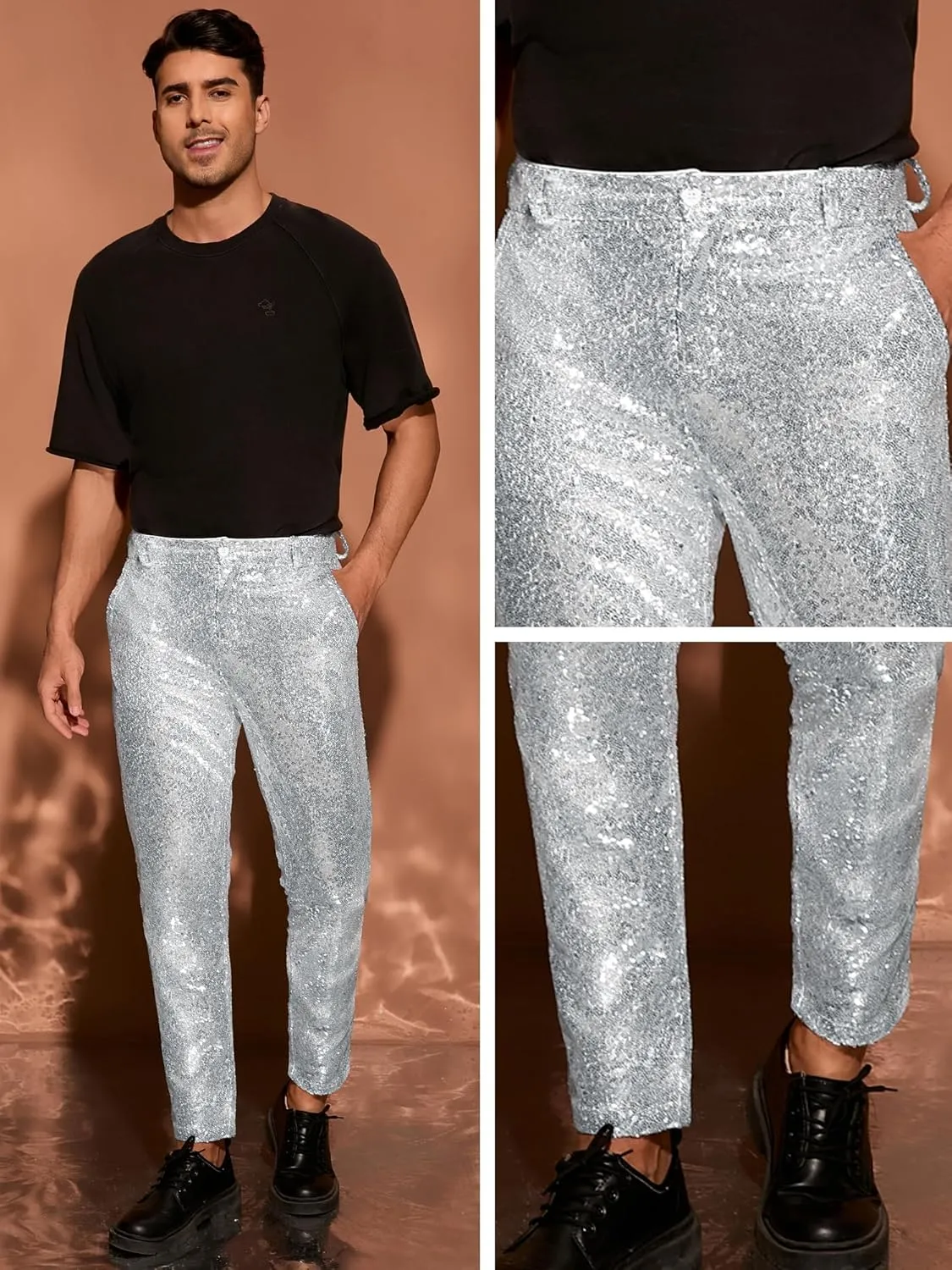 Lars Amadeus Shiny Pants for Men's Glitter 70s Disco Night Club Tapered Sequin Pants