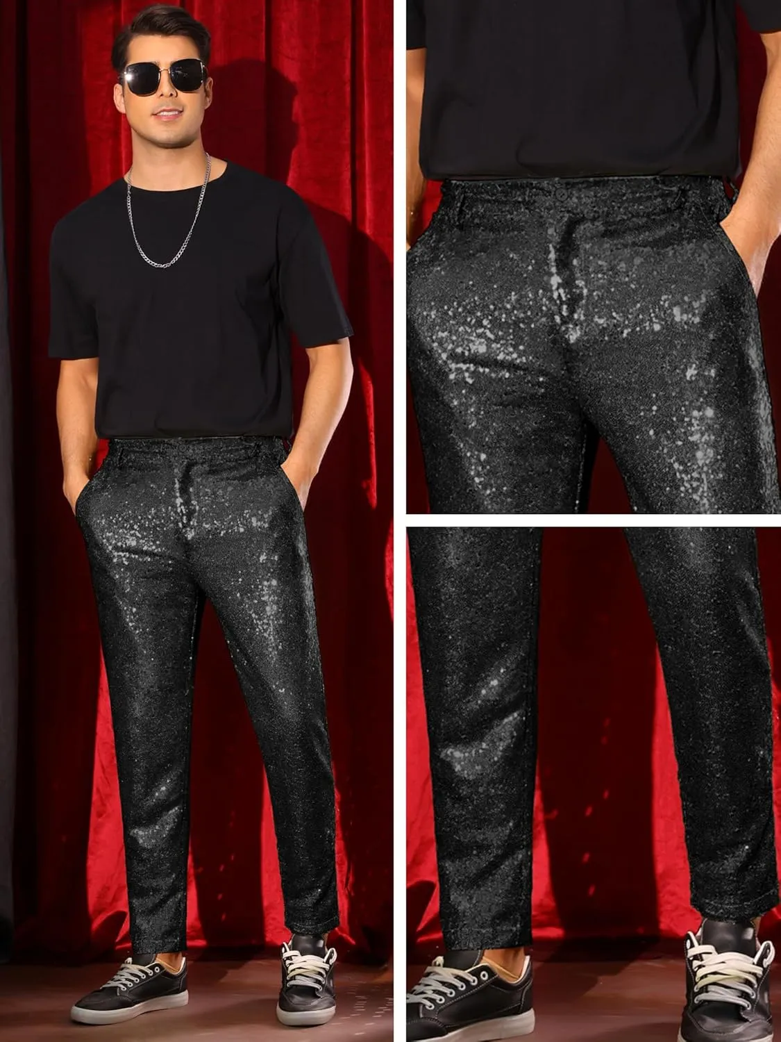 Lars Amadeus Shiny Pants for Men's Glitter 70s Disco Night Club Tapered Sequin Pants