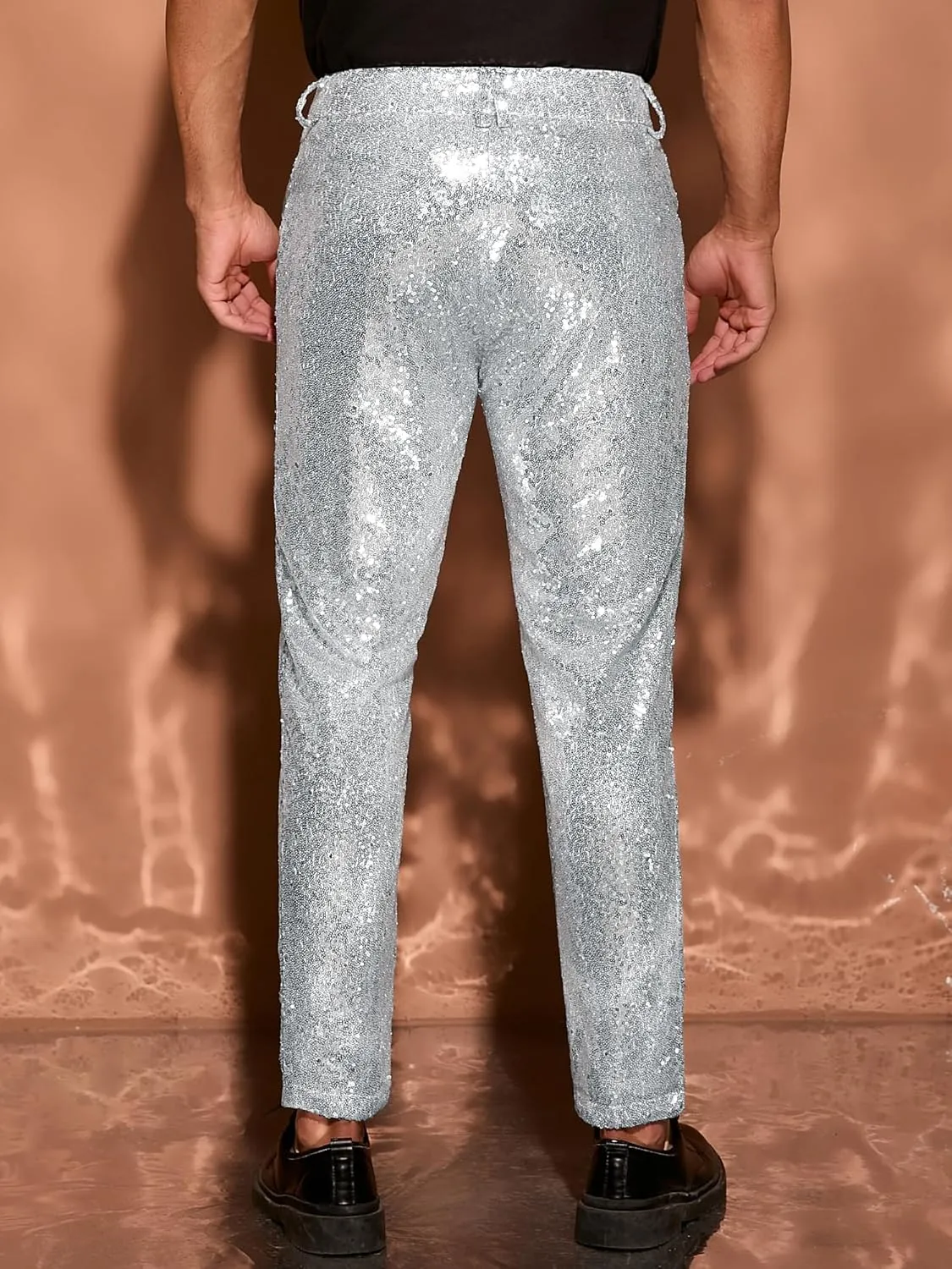 Lars Amadeus Shiny Pants for Men's Glitter 70s Disco Night Club Tapered Sequin Pants
