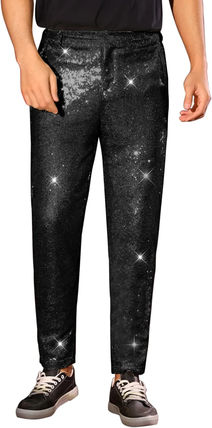 Lars Amadeus Shiny Pants for Men's Glitter 70s Disco Night Club Tapered Sequin Pants